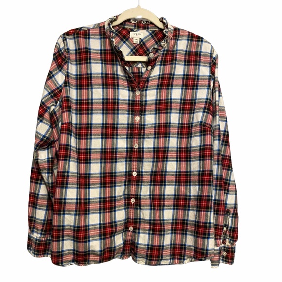 J.CREW Women’s Festive Holiday Plaid Flannel Ruffle Neck Trim Button Up Shirt - Picture 2 of 7
